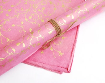 Lokta Wrapping Paper, Gold Floral on Pink, Hand made and Fair Trade