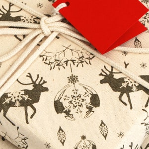 Organic Cotton Fabric Gift Wrap, Christmas Reindeer & Baubles Eco Wrapping Plastic Free image 3