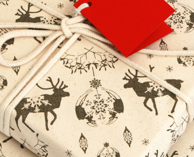 Organic Cotton Fabric Gift Wrap, Christmas Reindeer & Baubles Eco Wrapping Plastic Free image 3