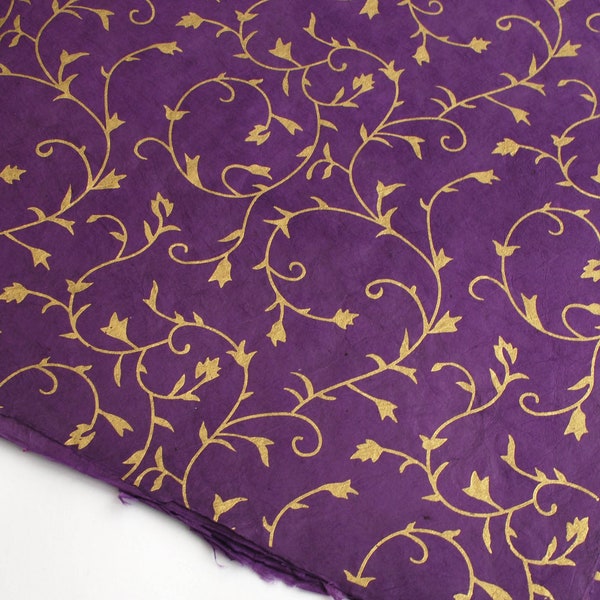 Lokta Wrapping Paper, Gold Floral on Purple, Hand made and Fair Trade