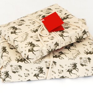 Organic Cotton Fabric Gift Wrap, Christmas Reindeer & Baubles Eco Wrapping Plastic Free image 5