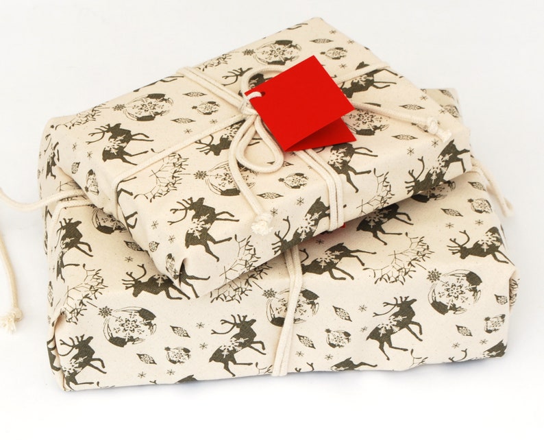 Organic Cotton Fabric Gift Wrap, Christmas Reindeer & Baubles Eco Wrapping Plastic Free image 5