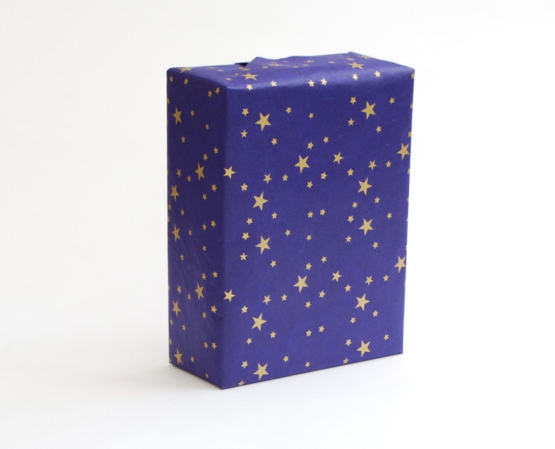 Lokta Wrapping Paper, Gold Stars on Hand made and Fair Trade Paper, Cornflower Blue image 2