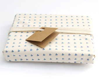 Fabric Gift Wrap, Organic Cotton, Mini Heart Print in Dusk Blue, plastic free reusable gift wrapping