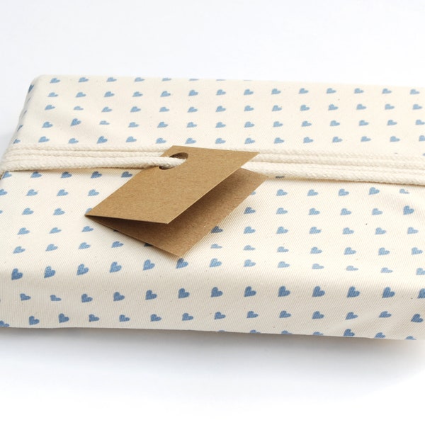 Fabric Gift Wrap, Organic Cotton, Mini Heart Print in Dusky Blue, Fathers Day Gift Wrapping
