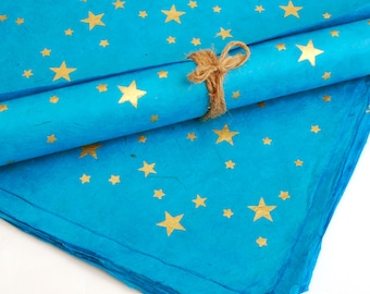 Lokta Wrapping Paper, Gold Stars on Hand made and Fair Trade Paper, Turquoise