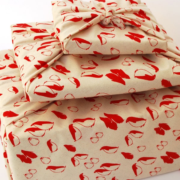 Furoshiki gift wrap, 100% Cotton, Natural ecru background with Red Penguins, Valentines