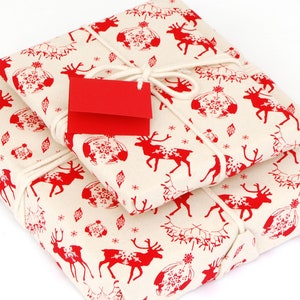 Organic Cotton Fabric Gift Wrap, Christmas Reindeer & Baubles Eco Wrapping Plastic Free image 6