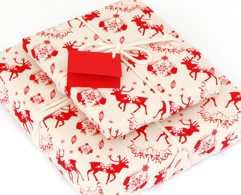Organic Cotton Fabric Gift Wrap, Christmas Reindeer & Baubles Eco Wrapping Plastic Free image 6