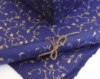 Lokta Wrapping Paper, Gold Floral on Cornflower Blue, Hand made and Fair Trade