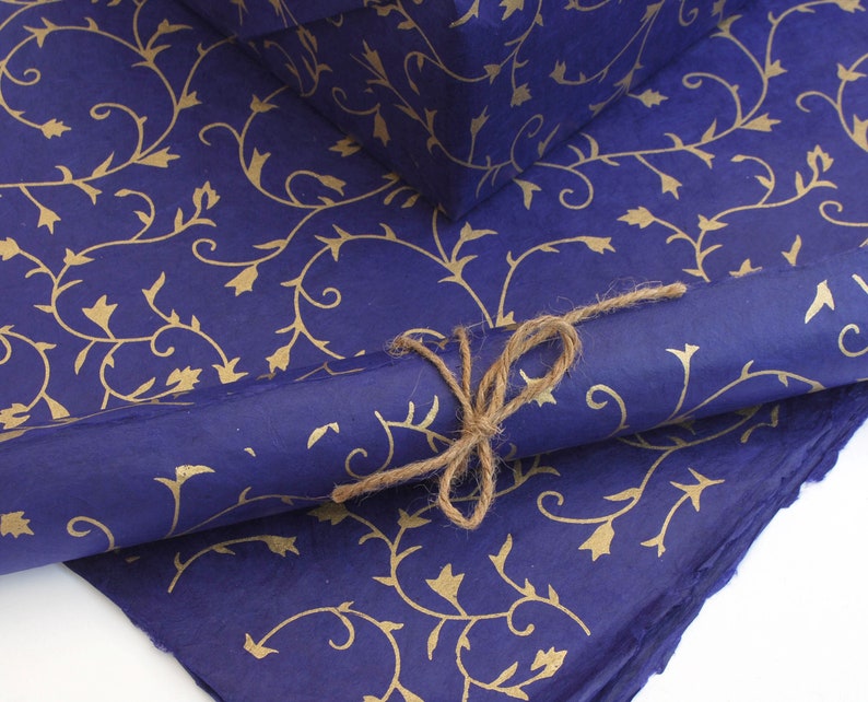 Lokta Wrapping Paper, Gold Floral on Cornflower Blue, Hand made and Fair Trade image 1