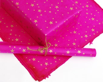 Lokta Wrapping Paper, Gold Stars on Hand made and Fair Trade Paper, Cerise Pink