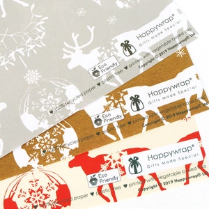 Recycled Wrapping Paper, Christmas Reindeer Baubles and Snowflakes, eco friendly inks image 3