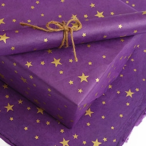 Lokta Wrapping Paper, Gold Stars on Hand made and Fair Trade Paper, Purple