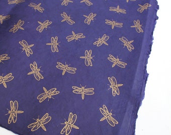 Lokta Wrapping Paper, Gold Dragonfly on Cornflower Blue, Hand made and Fair Trade