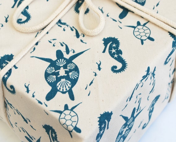Reusable Fabric Gift Wrap, Organic Cotton, Turtle Ocean Print, plastic free wrapping, Fathers Day