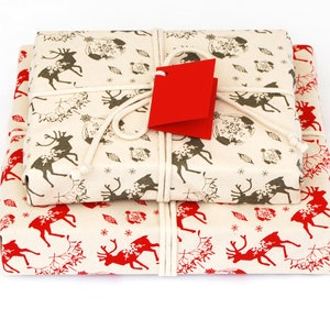 Organic Cotton Fabric Gift Wrap, Christmas Reindeer & Baubles Eco Wrapping Plastic Free image 7