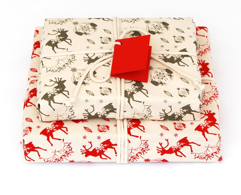 Organic Cotton Fabric Gift Wrap, Christmas Reindeer & Baubles Eco Wrapping Plastic Free image 7