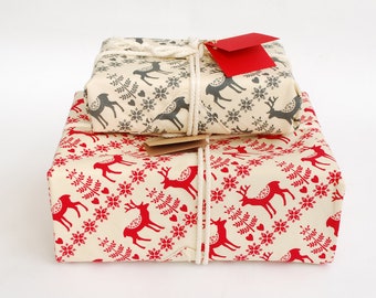 Reusable Cotton Gift Wrap, Reindeer Scandi Style Christmas Eco Wrapping