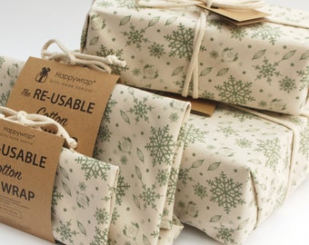 Fabric Gift Wrap, Organic Cotton Festive Snowflake Print in Green, plastic free reusable gift wrapping