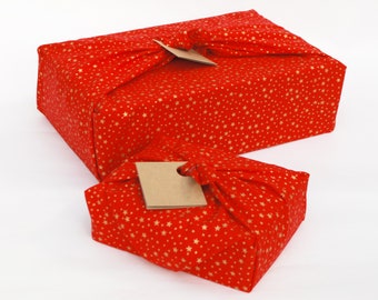 Furoshiki gift wrap, 100% Cotton, Christmas Mini Gold Stars on Red Cotton Fabric