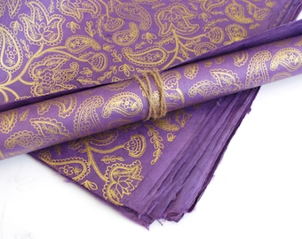 Lokta Wrapping Paper, Gold Paisley Print on Purple, Hand made and Fair Trade