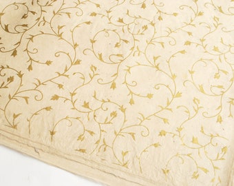 Lokta Wrapping Paper, Gold Floral on Natural Ivory/Cream, Hand made and Fair Trade