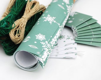 Eco Christmas Wrapping Paper Bundle, Snowflakes, White and Dusky Teal, Recycled Plastic Free and Fair Trade