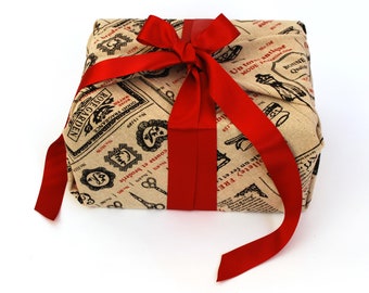 Reusable Fabric Gift Wrapping, Red and Black Vintage Style Print with Red Ribbons