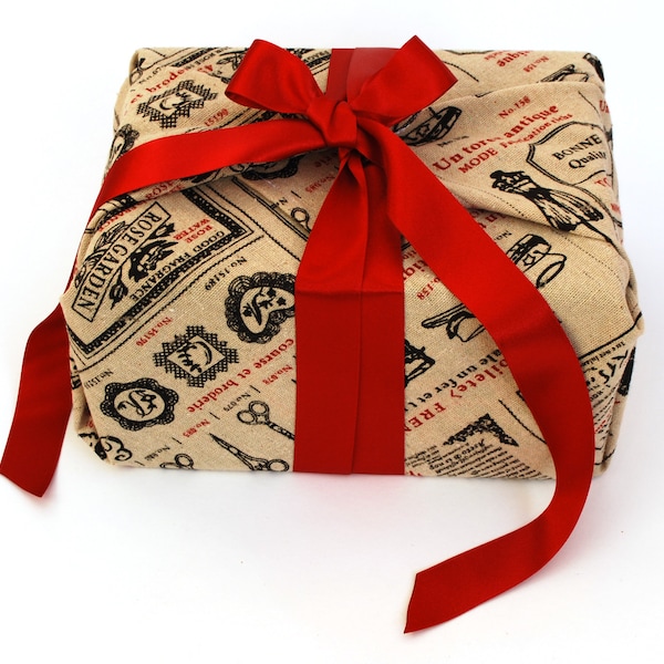 Reusable Fabric Gift Wrapping, Red and Black Vintage Style Print with Red Ribbons