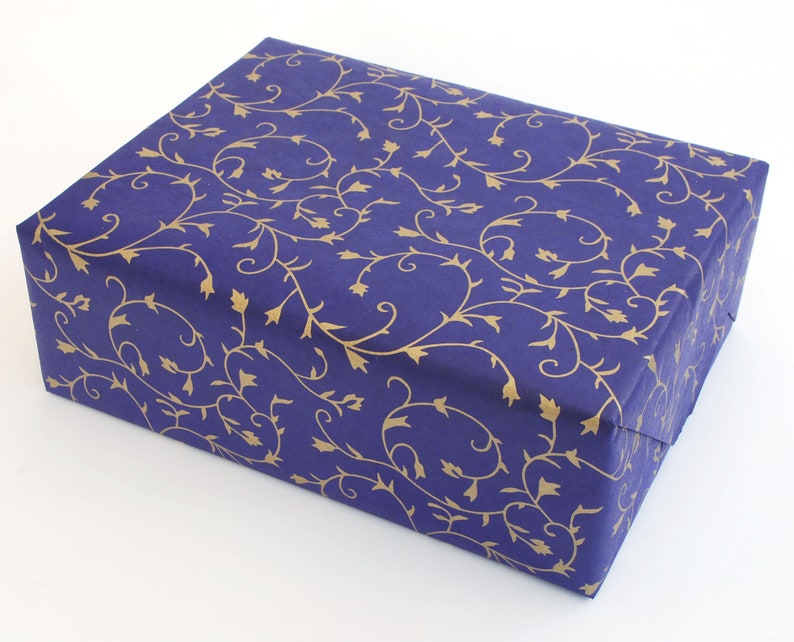 Lokta Wrapping Paper, Gold Floral on Cornflower Blue, Hand made and Fair Trade image 2