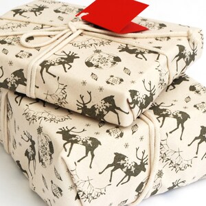 Organic Cotton Fabric Gift Wrap, Christmas Reindeer & Baubles Eco Wrapping Plastic Free image 8