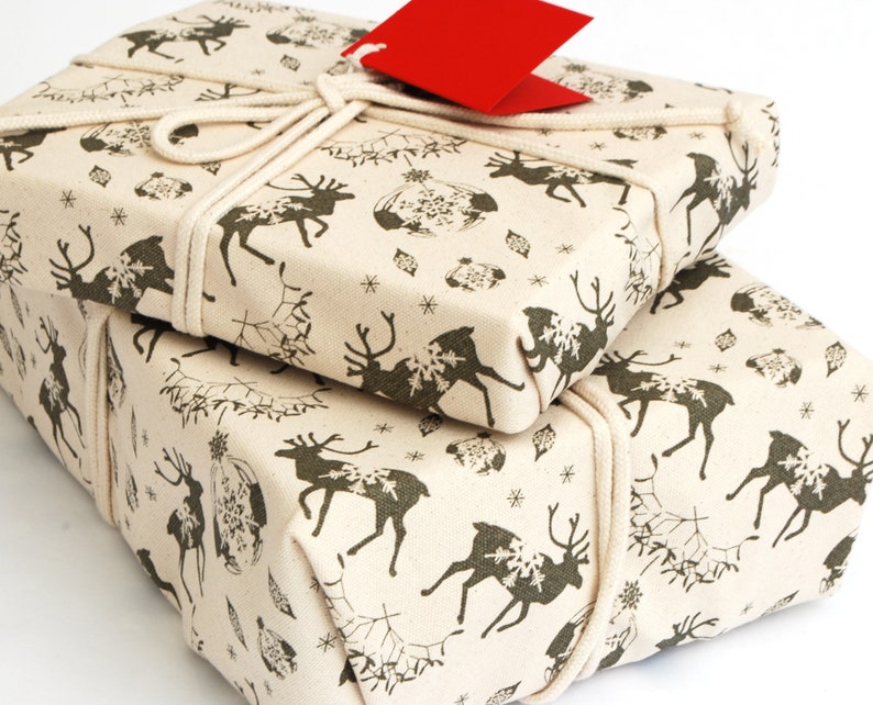 Organic Cotton Fabric Gift Wrap, Christmas Reindeer & Baubles Eco Wrapping Plastic Free image 8