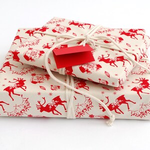 Organic Cotton Fabric Gift Wrap, Christmas Reindeer & Baubles Eco Wrapping Plastic Free image 9