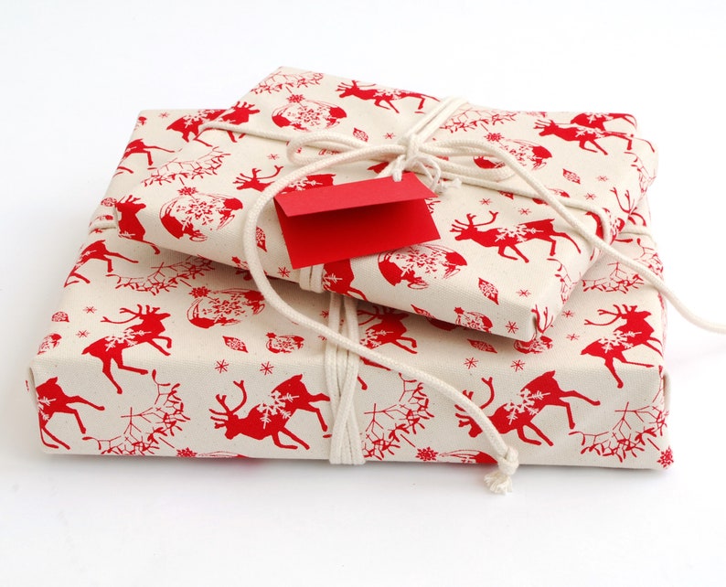 Organic Cotton Fabric Gift Wrap, Christmas Reindeer & Baubles Eco Wrapping Plastic Free image 9