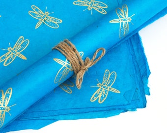 Lokta Wrapping Paper, Gold Dragonfly print on Turquoise, Hand made and Fair Trade