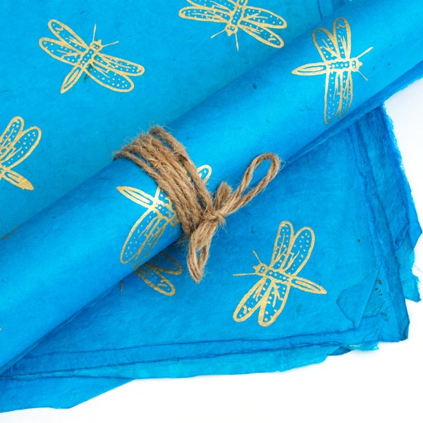 Lokta Wrapping Paper, Gold Dragonfly print on Turquoise, Hand made and Fair Trade