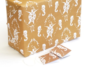 Recycled Wrapping Paper, Turtle Ocean Manilla Brown and White, eco friendly inks, plastic free