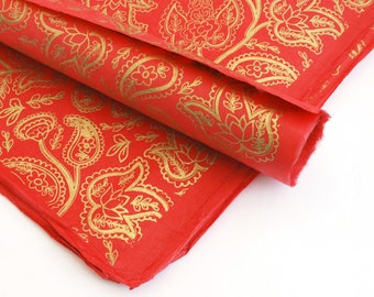 Lokta Wrapping Paper, Gold Paisley Print on Red, Hand made and Fair Trade
