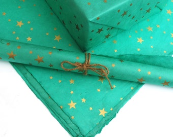 Lokta Wrapping Paper, Gold Stars on Hand made and Fair Trade Paper, Aqua
