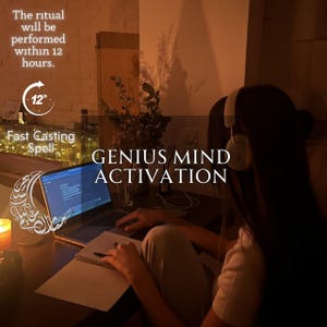 May include: A person wearing white headphones sits at a desk with a laptop and a notebook. Text on the image reads: The ritual will be performed within 12 hours. 12h Fast Casting Spell. GENIUS MIND ACTIVATION. A decorative crescent moon graphic is visible.