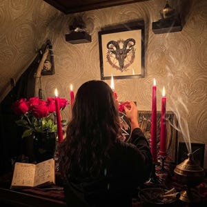 May include: A ritual altar setup featuring a framed goat skull illustration, four tall red taper candles, a bouquet of red roses in a black vase, an open book with handwritten text and geometric symbols, and a brass incense burner with rising smoke.