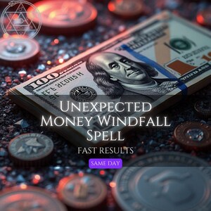 May include: A stack of one hundred dollar bills with Benjamin Franklin's portrait, surrounded by scattered metallic coins on a dark, textured surface. The text reads UNEXPECTED MONEY WINDFALL SPELL, FAST RESULTS, and SAME DAY in a purple box.