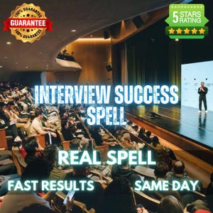 Peut inclure: Un grand auditorium rempli d'un public regardant un orateur sur scène. Des textes superposés indiquent INTERVIEW SUCCESS SPELL, REAL SPELL, et FAST RESULTS SAME DAY. Un badge doré 100% guarantee et un badge vert 5 stars rating sont visibles.