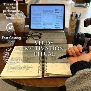 May include: A study setup featuring an open spiral-bound notebook with handwritten text, a tablet on a keyboard stand displaying digital text, black-rimmed glasses, a plastic cup with a straw, a pen holder with pens, and a black pen in hand.