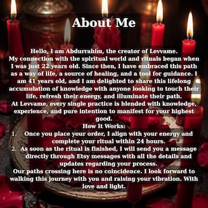 May include: A collection of red candles arranged around a central plate filled with red rose petals. The image features white text overlay titled About Me, detailing the creator Abdurrahim, the Levvame brand, and ritual service instructions.