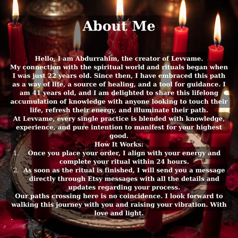 May include: A collection of red candles arranged around a central plate filled with red rose petals. The image features white text overlay titled About Me, detailing the creator Abdurrahim, the Levvame brand, and ritual service instructions.