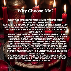 May include: A collection of red candles with lit flames arranged on a plate, surrounded by scattered red rose petals. The text reads: Why Choose Me? Over two decades of experience and transformation through pure intention. I am here to guide you.