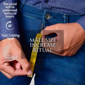 Könnte beinhalten: Blaue Jeanshose mit einem Metallknopf und einem gelben Maßband, das Markierungen von 1 bis 13 cm zeigt. Der Text auf dem Bild lautet: The ritual will be performed within 12 hours, 12h, Fast Casting Spell, MALE SIZE INCREASE RITUAL.