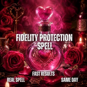 Könnte beinhalten: Eine klare Glasflasche mit herzförmigem Verschluss, gefüllt mit leuchtend rosa Flüssigkeit. Der Text lautet FIDELITY PROTECTION SPELL, FAST RESULTS, REAL SPELL und SAME DAY. Die Flasche ist von dunkelroten Rosen und rosa Rauch umgeben.